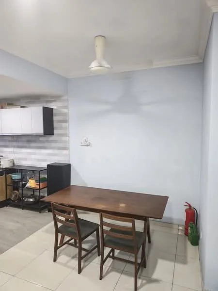 Dining features: wood dining table, 2 wooden dining chairs, ceiling fan, light grey walls, white tiled flooring, fire extinguisher, open layout to kitchen, kitchen cabinetry visible in background; style: modern.