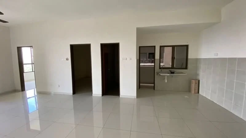 Room features: white painted walls, glossy ceramic tile flooring, 2 doorways leading to other rooms, 1 window, kitchen area with sink, neutral color scheme, open layout, no visible appliances or furniture; style: modern.