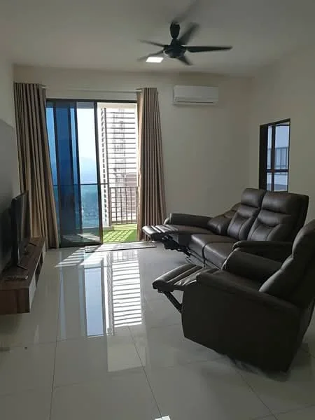 Living features: 3-seater leather sofa in brown, recliner chair, TV console, wall-mounted TV, floor-to-ceiling windows, sliding glass door, sheer curtains, wall-mounted split AC, glossy tile flooring, ceiling fan, decorative wall, natural light from windows; style: modern; view: city.