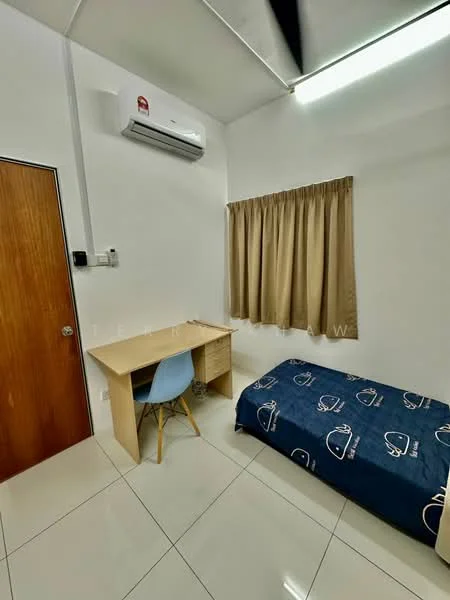 Bedroom features: single bed with blue bedding, study desk with wooden surface, blue chair, wall-mounted split AC unit, curtains in beige, white painted walls, glossy tile flooring, ceiling light fixture; style: modern.
