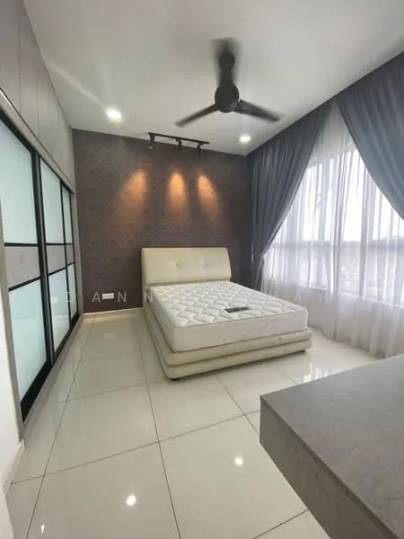 Bedroom features: queen-size bed, upholstered headboard, 2 bedside lamps, built-in wardrobe with sliding doors, grey accent wall, white painted walls, marble tile flooring, 5-blade ceiling fan with light, floor-to-ceiling windows with sheer curtains, decorative wall lighting; style: modern; view: city.