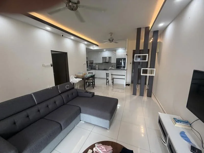 Living features: L-shape sectional sofa in grey, coffee table, wall-mounted TV, white painted walls, recessed downlights, ceiling fan, tile flooring, decorative wall paneling, open layout to kitchen, area rug; style: modern. Kitchen features: white cabinetry, stainless-steel appliances, kitchen island, marble countertop, open-plan layout, recessed downlights, tile flooring; style: modern.