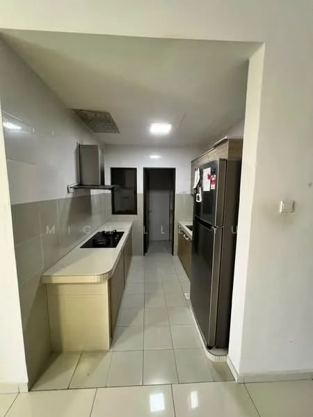 Kitchen features: white cabinets, light-colored countertop, stainless-steel fridge, built-in oven, 4-burner gas hob, exhaust hood, ceramic tile flooring, white tiled backsplash, recessed LED downlights; style: modern.