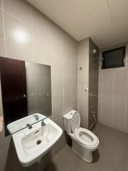 Bathroom features: white ceramic sink, chrome basin mixer faucet, large wall mirror, white toilet, handheld shower, shower head, grey tiled walls, grey tiled flooring, window for natural light, wall-mounted soap dispenser; style: modern.