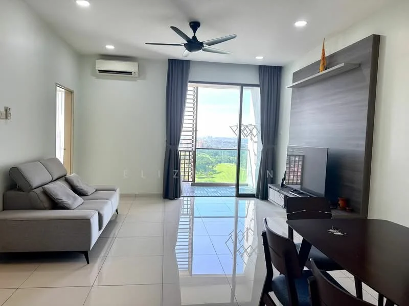 Living features: 3-seater fabric sofa in grey, floor-to-ceiling windows, sliding glass door, TV console, wall-mounted TV, recessed downlights, ceiling fan, dining table, dining chairs, white painted walls, glossy tile flooring, curtains, decorative wall panel; style: modern; view: city.