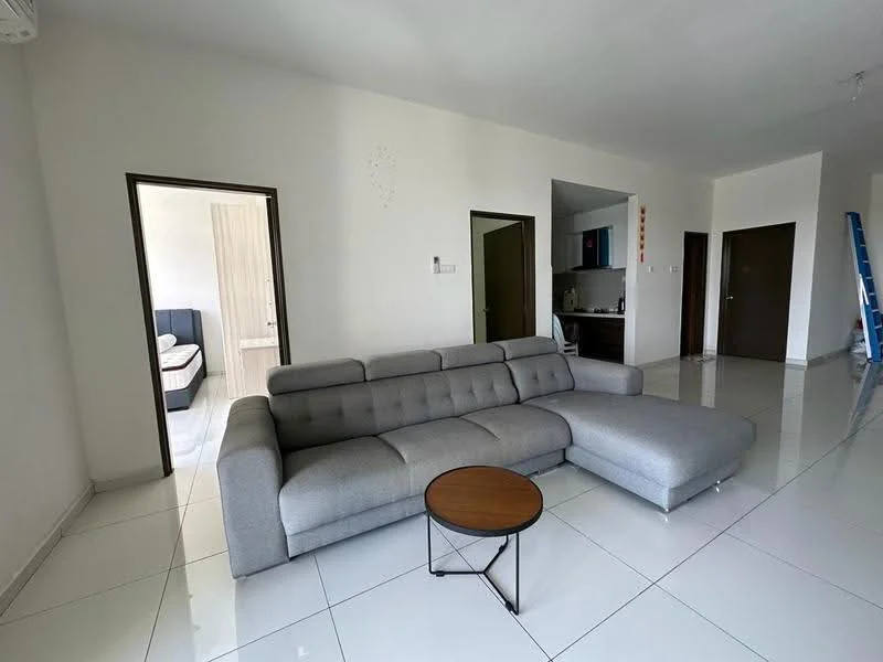 Living features: grey fabric sectional sofa, round wooden coffee table, white painted walls, glossy white tile flooring, recessed downlights, floor-to-ceiling windows, air conditioning unit, open layout to kitchen, doorway leading to bedroom, doorway leading to bathroom, doorway leading to hallway; style: modern.