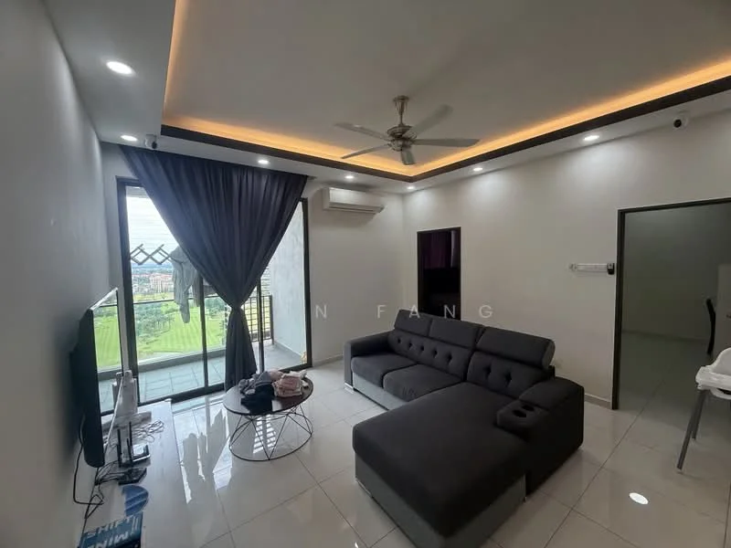 Living features: grey L-shape sectional sofa, black coffee table, wall-mounted TV, floor-to-ceiling windows, sliding glass door, sheer curtains, recessed LED downlights, ceiling fan with light, white painted walls, glossy white tile flooring, air conditioning unit; style: modern; view: garden.