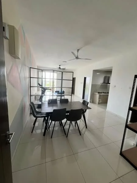 Dining features: 6-seater dining table, black dining chairs, white walls, ceiling fan, large windows with natural light, glass partition, polished tile flooring, decorative wall with geometric pattern; style: modern; view: city. Kitchen features: open kitchen layout, white cabinetry, stainless-steel appliances, countertop, kitchen island; style: modern.