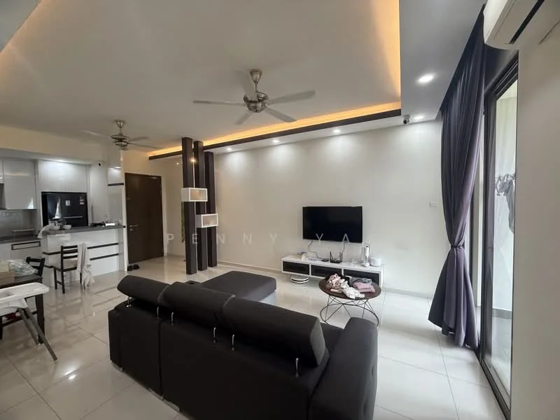 Living features: 3-seater fabric sofa in dark grey, 2 ceiling fans, wall-mounted TV, TV console, recessed LED downlights, sliding glass door, floor-to-ceiling windows, cream painted walls, white tiled flooring, curtains, decorative items on TV console, area rug; style: modern. Dining features: 4-seater dining table, white chairs, open kitchen layout, kitchen island, stainless-steel appliances; style: modern.