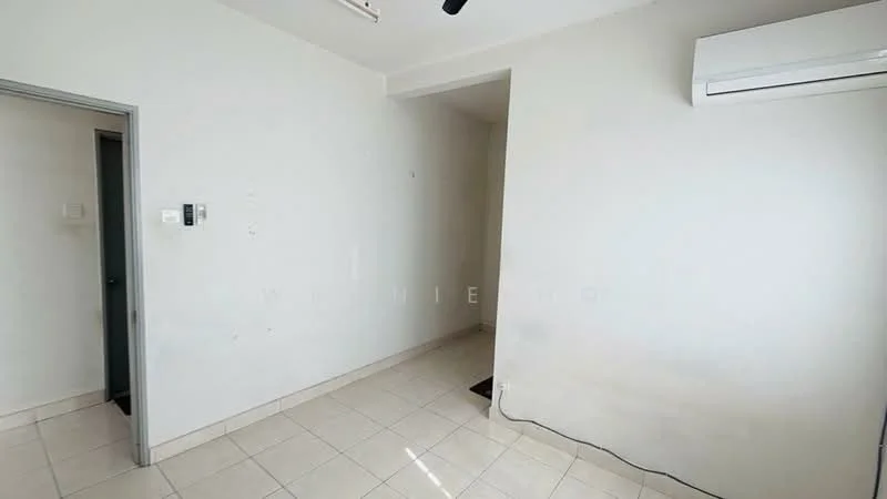 Room features: white painted walls, tile flooring, 1 wall-mounted split AC, light switch, doorway to adjacent room, corner with no visible features.