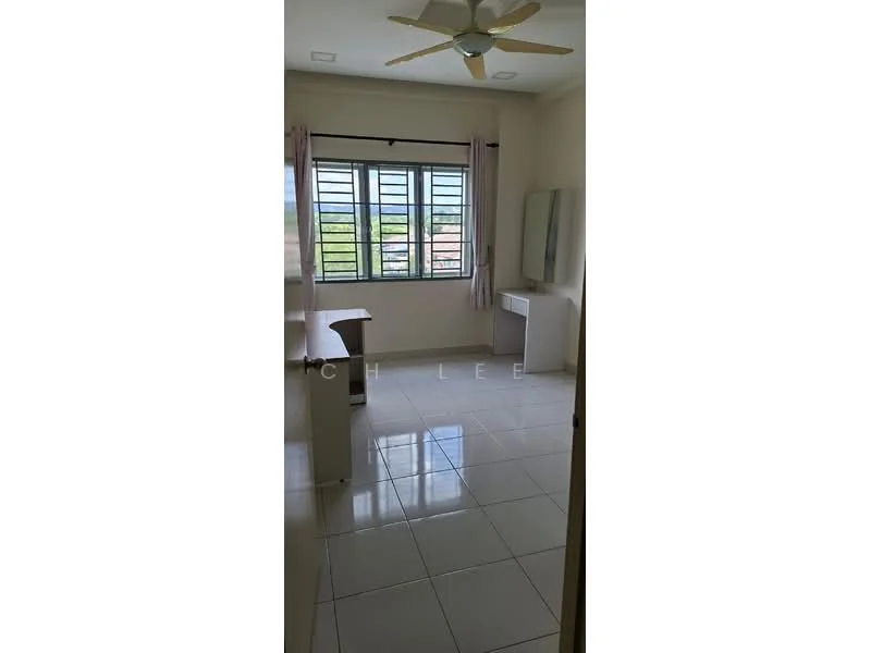 Bedroom features: white painted walls, glossy tile flooring, 5-blade ceiling fan, large window with multiple panes, curtains, built-in wardrobe, study desk, mirror, natural light; style: modern; view: garden.