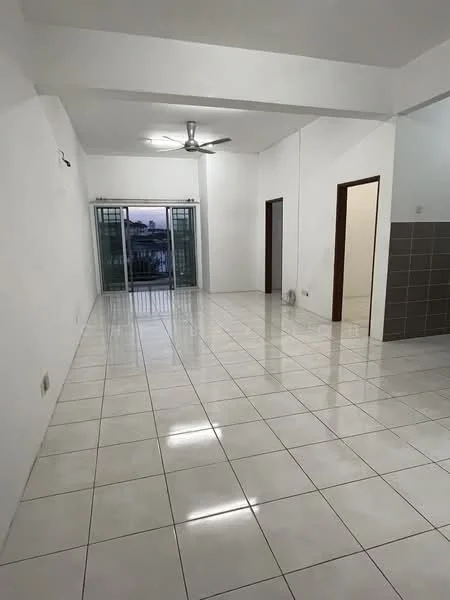 Room features: white painted walls, glossy white floor tiles, 5-blade ceiling fan with light, sliding glass door, floor-to-ceiling windows, natural light from windows, open layout, neutral color scheme; style: modern; view: city.