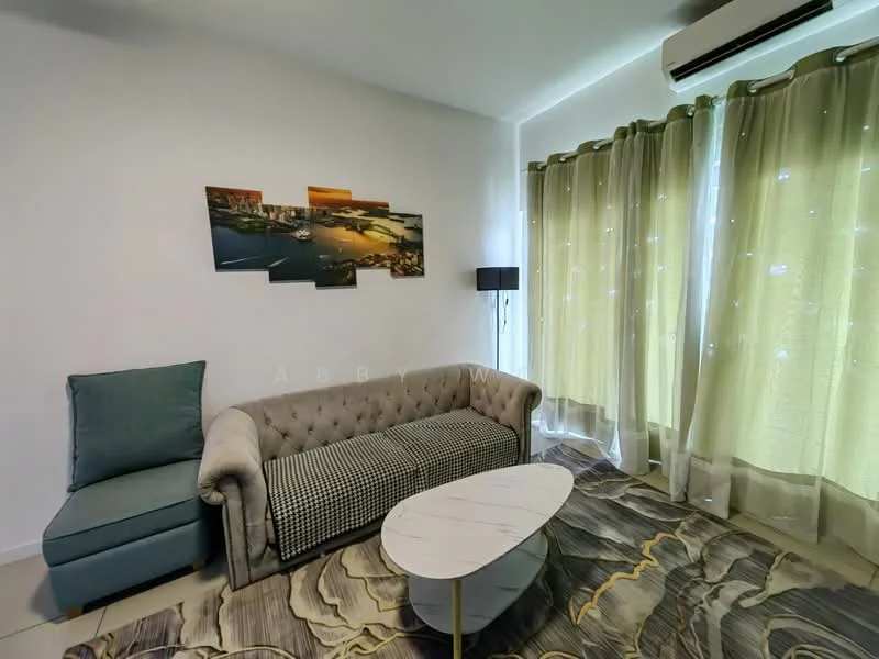 Living features: beige tufted fabric sofa, green accent chair, marble coffee table, area rug with floral pattern, floor lamp, curtains with sheer fabric, white painted walls, air conditioning unit; style: modern.