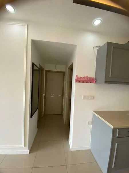 Room features: white painted walls, light grey cabinetry, tile flooring, recessed downlights, mirror on wall, doorway leading to hallway, open layout, countertop; style: modern.