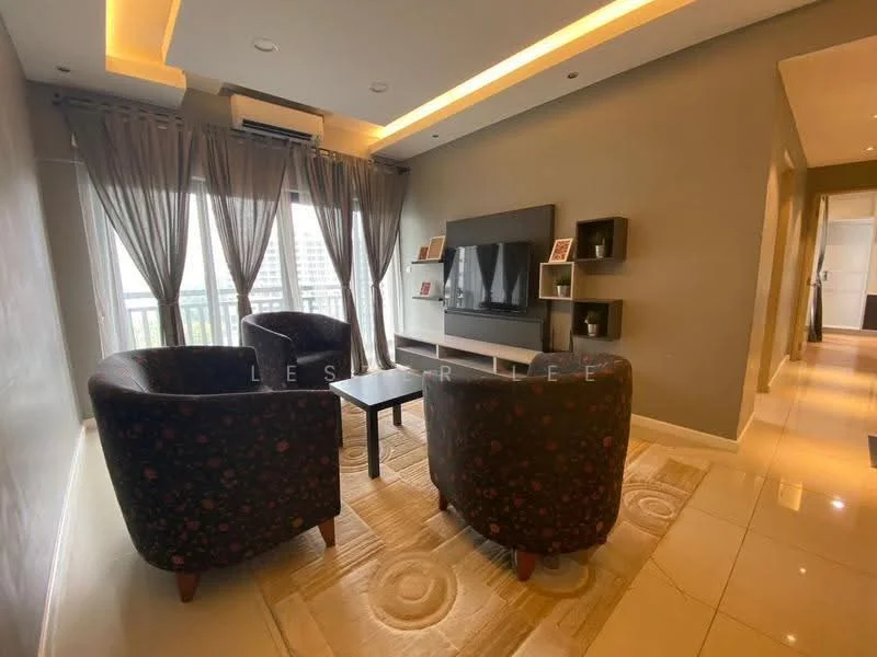 Living features: two upholstered armchairs in dark fabric with floral pattern, small coffee table, wall-mounted flat-screen TV, floating shelves, recessed ceiling lights, crown moulding, floor-to-ceiling windows with sheer curtains, cream-colored area rug, glossy tile flooring, air conditioning unit; style: modern; view: city.