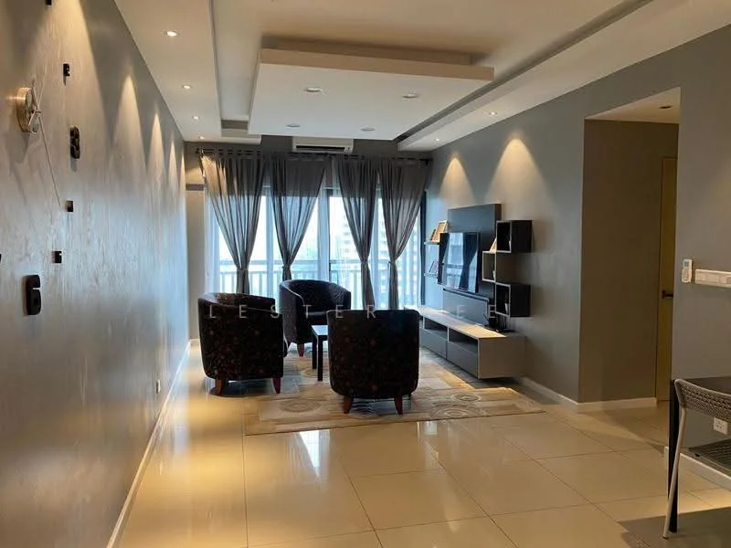 Living features: grey painted walls, white ceiling with recessed downlights, large floor-to-ceiling windows, sheer curtains, two black upholstered armchairs, light-colored area rug, wall-mounted TV, TV console with storage, decorative wall sconce, air conditioning unit; style: modern; view: city.