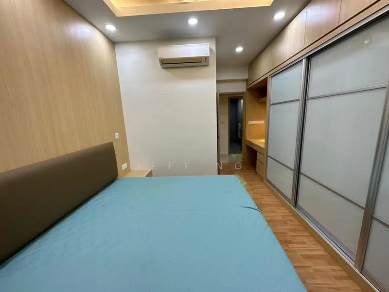 Bedroom features: queen-size bed, wooden headboard, built-in wardrobe with sliding doors, wooden flooring, recessed downlights, wall-mounted split AC, study desk, light-colored wall panels; style: modern.
