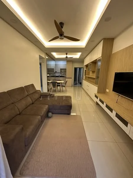 Living features: L-shape sectional sofa in brown, area rug in beige, wall-mounted TV, TV console with storage, recessed ceiling lights, 5-blade ceiling fan, white painted walls, glossy tile flooring, built-in shelving unit, open layout to kitchen, neutral color palette; style: modern.