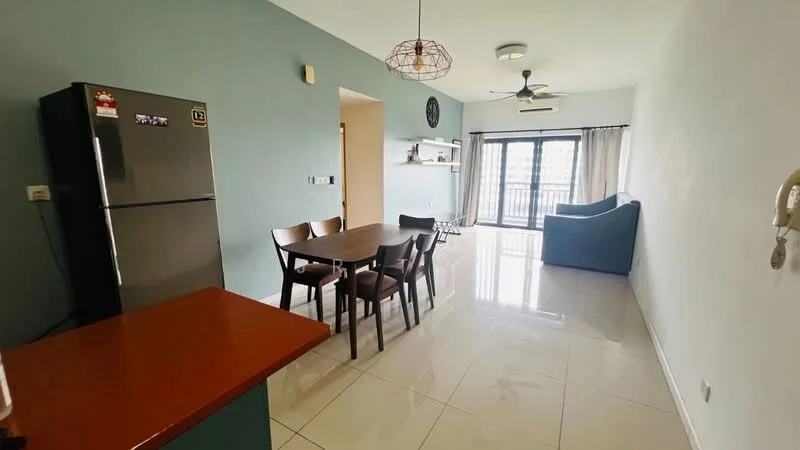 Living features: grey painted walls, white ceiling, sliding glass door, floor-to-ceiling windows, light-colored tiled flooring, 3-seater fabric sofa in blue, dining table with 6 chairs, refrigerator, ceiling fan, wall-mounted clock, curtains, open layout; style: modern; view: city.