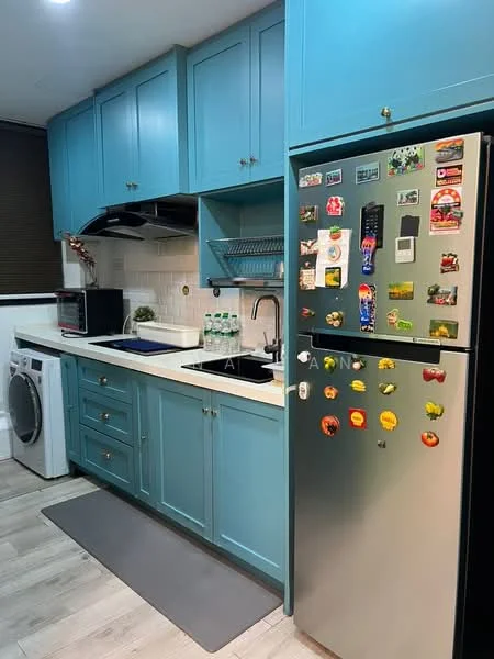 Kitchen features: blue cabinetry, white tiled backsplash, stainless-steel sink, chrome pull-down faucet, built-in oven, freestanding range oven, microwave, stainless-steel fridge, washing machine, grey mat, open shelving, countertop with space for appliances, under-cabinet lighting; style: modern.