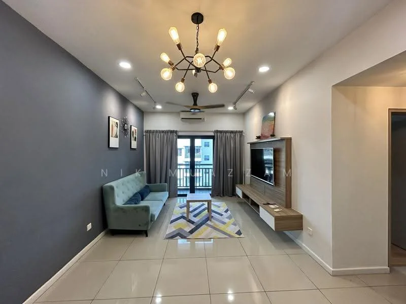 Living features: grey accent wall, white painted walls, polished tile flooring, 5-blade ceiling fan with light, chandelier, sofa in light green, area rug with geometric pattern, TV console, wall-mounted TV, curtains, floor-to-ceiling windows, balcony view; style: modern; view: city.