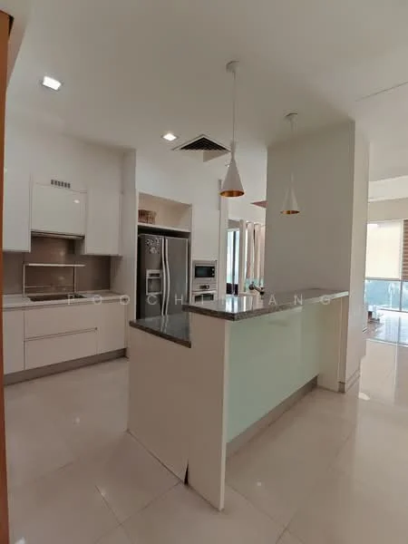 Kitchen features: white cabinetry, grey granite countertop, stainless-steel fridge, built-in oven, freestanding range oven, pendant lighting, island with breakfast bar, ceramic tile flooring, recessed downlights, glass splashback, open layout, floor-to-ceiling windows; style: modern; view: city.