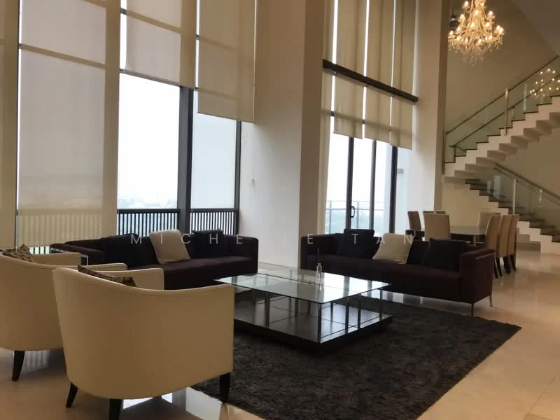 Living features: floor-to-ceiling windows, sheer curtains, chandelier, 3-seater fabric sofa in white, 3-seater fabric sofa in dark purple, glass coffee table, area rug in dark color, marble flooring, high ceiling, open layout, dining area visible in background, staircase visible in background; style: modern; view: city.