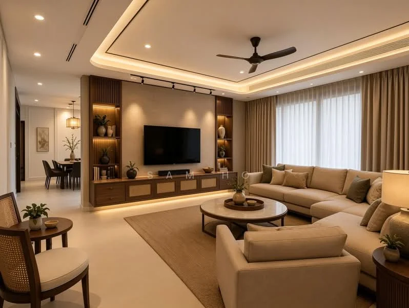 Living features: L-shape sectional sofa in beige, coffee table with round top, wall-mounted TV, built-in cabinetry with decorative items, recessed LED downlights, ceiling fan, area rug with neutral color, floor-to-ceiling windows with sheer curtains, decorative plants in ceramic pots, wall paneling with warm wood finish; style: modern.