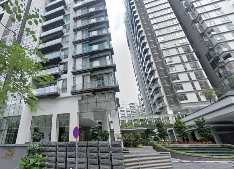Exterior type: high-rise condominium; features: glass curtain wall, white painted facade, recessed balconies, landscaped entrance with stone cladding, manicured greenery, multiple storeys, modern architectural design, outdoor seating area, driveway with interlocking pavers; style: modern.