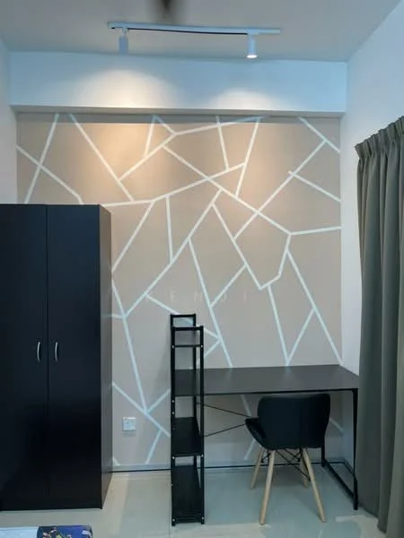 Room features: beige painted walls with geometric pattern, light grey flooring, black wardrobe with two doors, black metal shelving unit, black desk, black chair, curtains in olive green, track lighting on ceiling; style: modern.