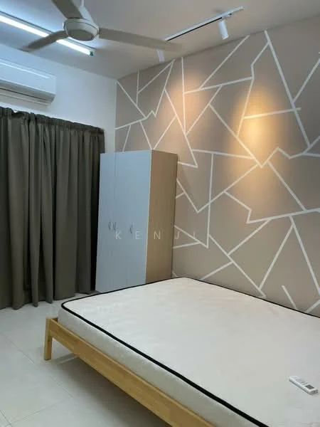 Bedroom features: white painted walls with geometric pattern, cream tiled flooring, 5-blade ceiling fan, wall-mounted air conditioning unit, floor-to-ceiling curtains in olive green, built-in wardrobe with sliding doors, unmade bed with mattress, recessed downlights; style: modern.