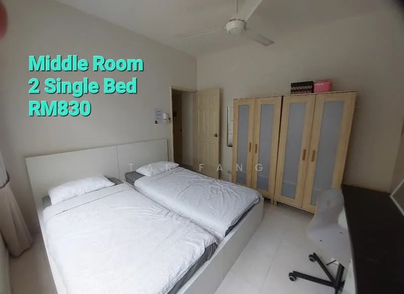 Bedroom features: two single beds with white bedding, light wood wardrobe with sliding doors, study desk with chair, white walls, tile flooring, ceiling fan, window with sheer curtains; style: modern.