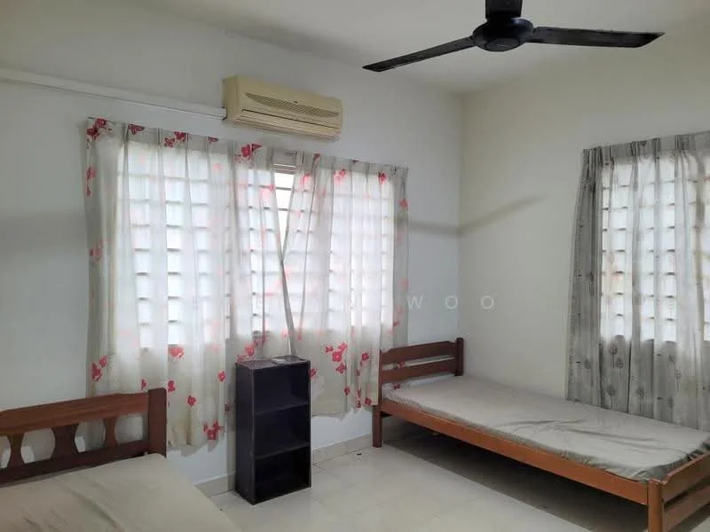 Bedroom features: two single beds, white walls, ceiling fan, air conditioning unit, curtains with floral pattern, window with louvered design, floor tiles, nightstand.