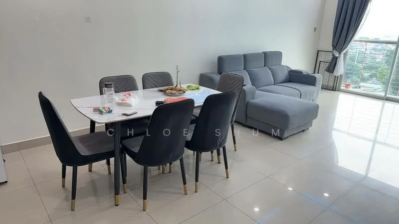 Living features: grey L-shape sectional sofa, 6-seater dining table with white marble top, black upholstered dining chairs, floor-to-ceiling windows, curtains, light-colored walls, glossy tile flooring, decorative items on the table; style: modern; view: city.