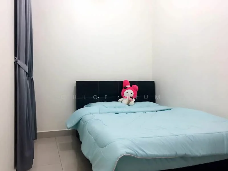 Bedroom features: queen-size bed with black headboard, light blue bedding, white painted walls, grey curtains, tile flooring, stuffed toy on bed, ceiling light; style: minimalist.