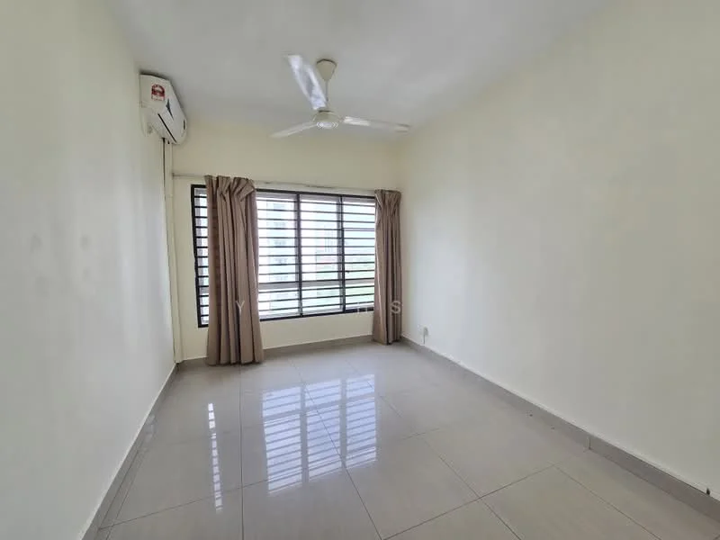 Room features: white painted walls, grey tiled flooring, ceiling fan, window with horizontal slats, curtains, wall-mounted air conditioning unit; style: modern; view: city.