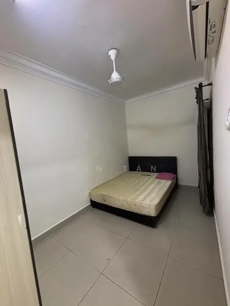 Bedroom features: single bed, light-colored bedding, ceiling fan, white painted walls, tile flooring, curtains, air conditioning unit, crown moulding; style: minimalist.