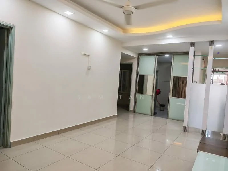 Room features: white painted walls, glossy beige floor tiles, recessed downlights, ceiling fan, open layout, glass partition, doorway leading to another room, neutral color scheme; style: modern.