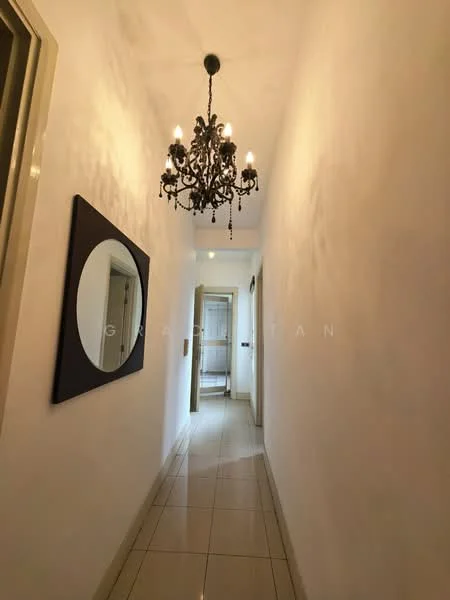 Hallway features: white painted walls, glossy tile flooring, chandelier light fixture, mirror on wall, doorway leading to other rooms, recessed lighting, neutral color scheme; style: modern.