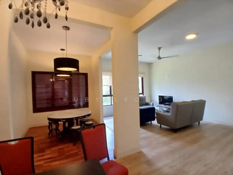 Dining features: round dining table, black dining chairs, chandelier with hanging beads, wooden flooring, cream painted walls, window with wooden blinds; style: modern. Living features: sofa in grey, coffee table, TV console, wooden flooring, cream painted walls, ceiling fan, large window; style: modern.