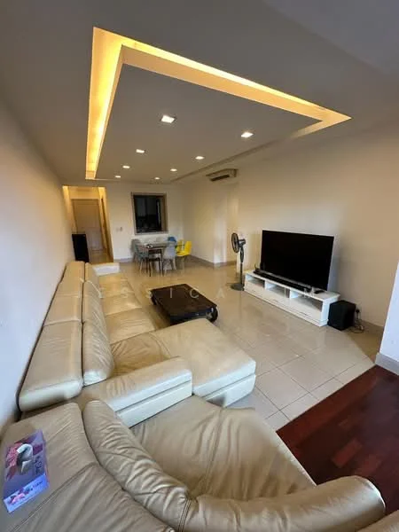 Living features: L-shape sectional sofa in cream, coffee table, wall-mounted TV, TV console in white, recessed downlights, tray ceiling with LED lighting, floor-to-ceiling windows, ceramic tile flooring, air conditioning unit, decorative wall fan; style: modern. Dining features: 6-seater dining table, yellow dining chairs, ceramic tile flooring; style: modern.