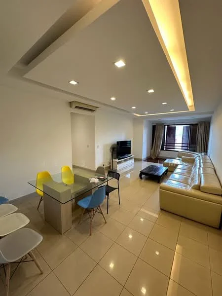 Living features: cream leather sectional sofa, glass coffee table, TV console, wall-mounted TV, dining table with glass top, 4 dining chairs in yellow and blue, recessed ceiling lights, air conditioning unit, large windows with curtains, glossy tile flooring, neutral painted walls, decorative ceiling with LED strip lighting; style: modern.