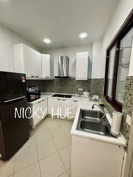 Kitchen features: white shaker cabinets, stainless-steel double-bowl sink, chrome pull-down faucet, black fridge, built-in oven, 4-burner gas hob, stainless-steel range hood, ceramic tile backsplash, light-colored tile flooring, recessed downlights, window with view to outside; style: modern.