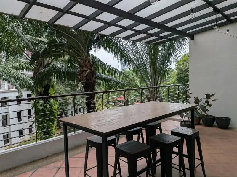 Room features: outdoor dining table, 4 black stools, covered terrace with glass roof, potted plants, railings with metal bars, view of palm trees, tiled flooring, hanging light bulbs; style: modern; view: garden.