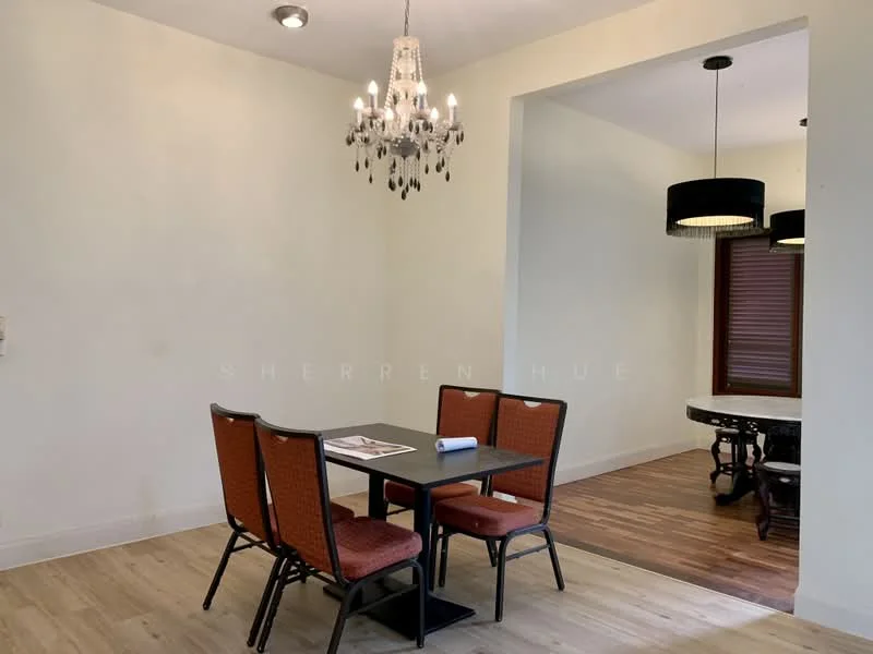 Dining features: 4-seater dining table, black metal frame, orange upholstered chairs, chandelier with crystals, white painted walls, wooden flooring, recessed ceiling lights, black pendant light; style: modern. Room features: wooden flooring, white painted walls, window with wooden blinds.