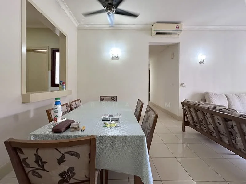 Dining features: rectangular dining table with light blue tablecloth, 6 wooden dining chairs with floral upholstery, white painted walls, cream tiled flooring, ceiling fan with light, wall-mounted light fixtures, open view to living area, window with no visible treatment; style: modern. Living features: 3-seater fabric sofa in beige, coffee table, wall-mounted air conditioning unit, white painted walls, cream tiled flooring, ceiling fan, decorative wall sconce; style: modern. Room features: doorway leading to hallway, light switch.