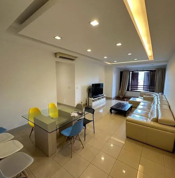Living features: cream leather sectional sofa, glass coffee table, wall-mounted TV, white TV console, recessed ceiling lights, air conditioning unit, large windows with sheer curtains, tile flooring, decorative ceiling with LED strip lighting; style: modern. Dining features: glass dining table, 4 wooden dining chairs, tile flooring; style: modern.