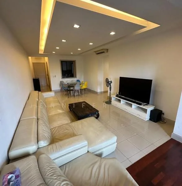 Living features: L-shaped cream leather sofa, coffee table, wall-mounted TV, TV console in white, recessed ceiling lights, ceiling fan, cream painted walls, glossy tile flooring, air conditioning unit, large window with city view; style: modern; view: city. Dining features: 4-seater dining table, yellow dining chairs, open layout to living area; style: modern.