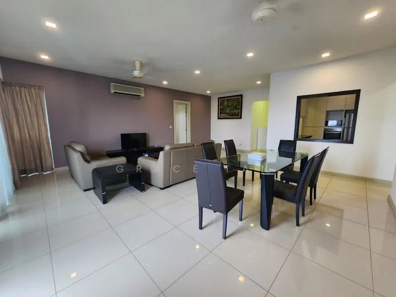 Living features: 3-seater fabric sofa in grey, 2-seater fabric sofa in beige, glass dining table with 6 black chairs, wall-mounted TV, ceiling fan, recessed downlights, cream painted walls, white tiled flooring, curtains, air conditioning unit; style: modern.