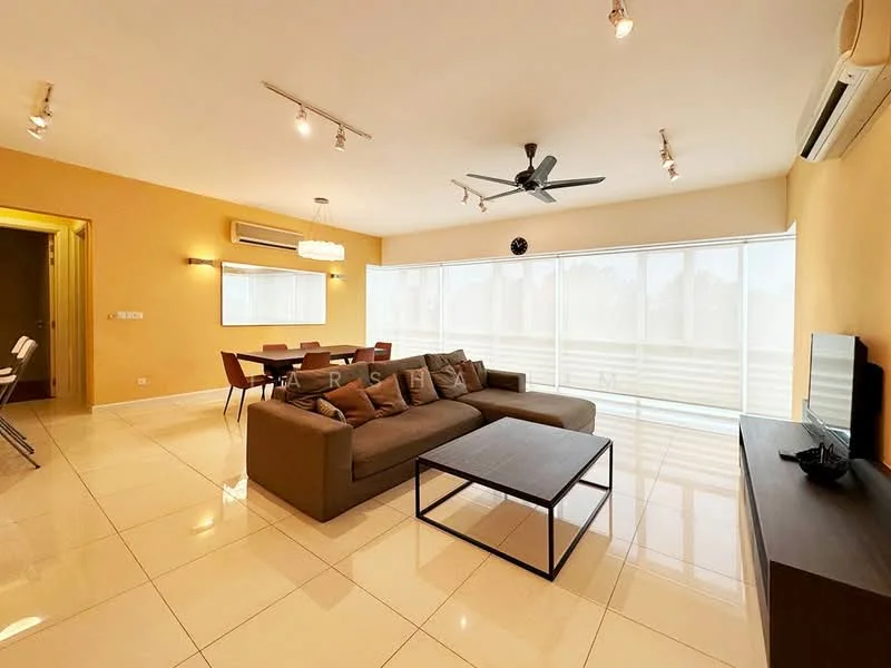 Living features: large sectional sofa in brown, coffee table with black frame, wall-mounted TV, ceiling fan with light, recessed downlights, floor-to-ceiling windows, white sheer curtains, cream painted walls, glossy tile flooring, air conditioning unit; style: modern; view: garden. Dining features: 6-seater dining table, upholstered dining chairs, decorative wall mirror, pendant lighting above table; style: modern; view: garden.